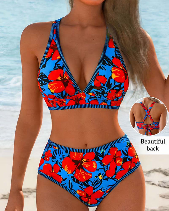 Bikini Blumen Tief-V Hoch-Taille