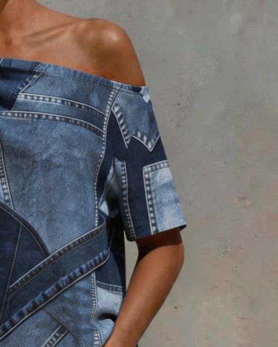 Bluse Ein-Schulter Twist Knoten Patchwork
