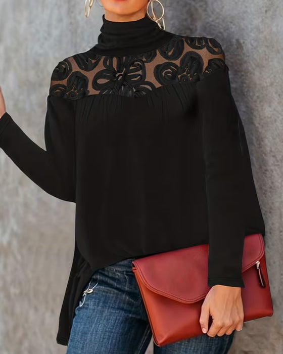 Bluse Rollkragen Gerafft Blumen