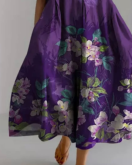 Kleid Rundhals Lila Blumen