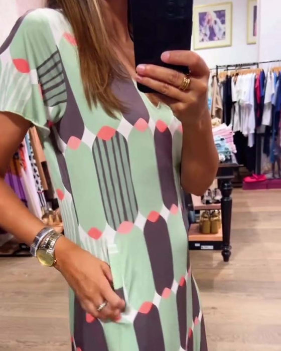 Kleid V-Ausschnitt Kurzarm Weiter Rock