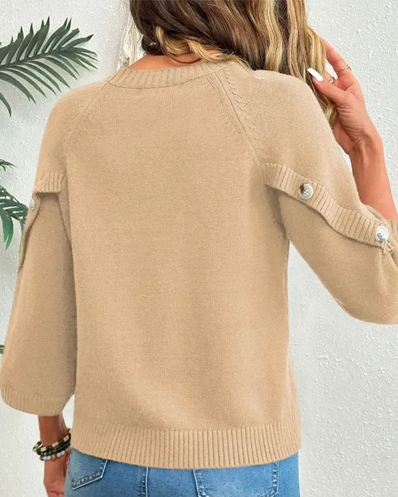 Pullover Rundhalsausschnitt Knopfleiste Glockenärmel