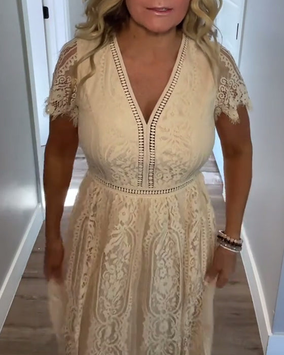 Kleid V-Ausschnitt Elegante Spitzen Taille