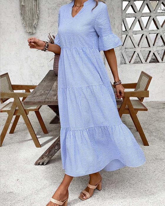 Kleid Blau Weiß Gingham V-Ausschnitt