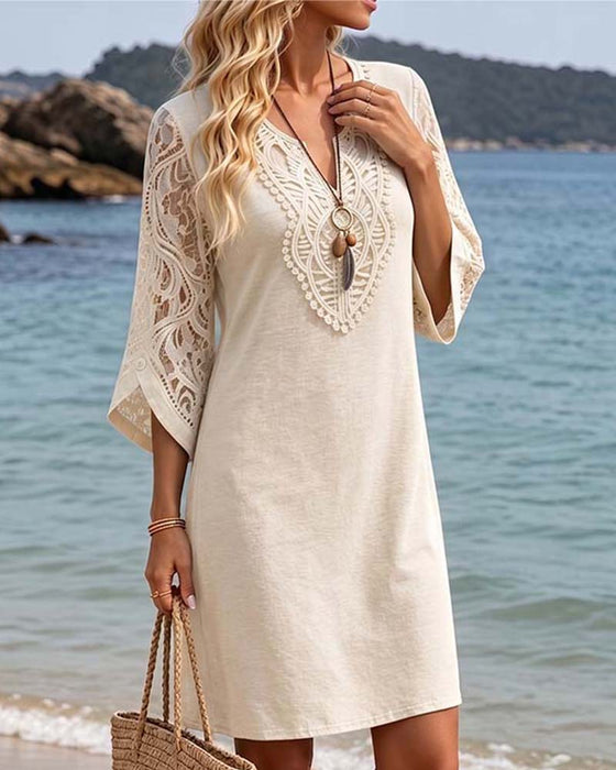 Kleid V-Ausschnitt Spitze Einfarbig