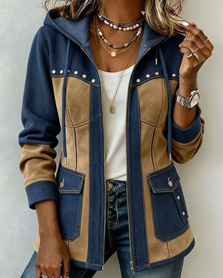 Mantel Mit Kapuze Reißverschluss Denim Patchwork