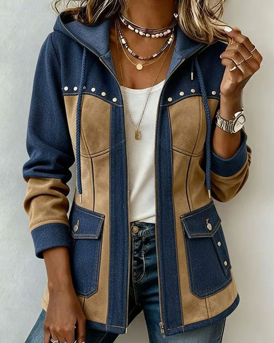 Mantel Mit Kapuze Reißverschluss Denim Patchwork