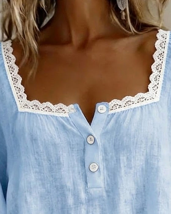 Bluse mit eckigem Ausschnitt Spitze Puffärmel
