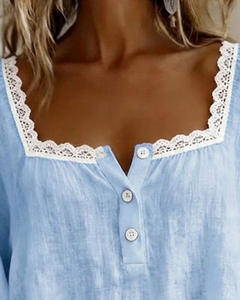 Bluse mit eckigem Ausschnitt Spitze Puffärmel