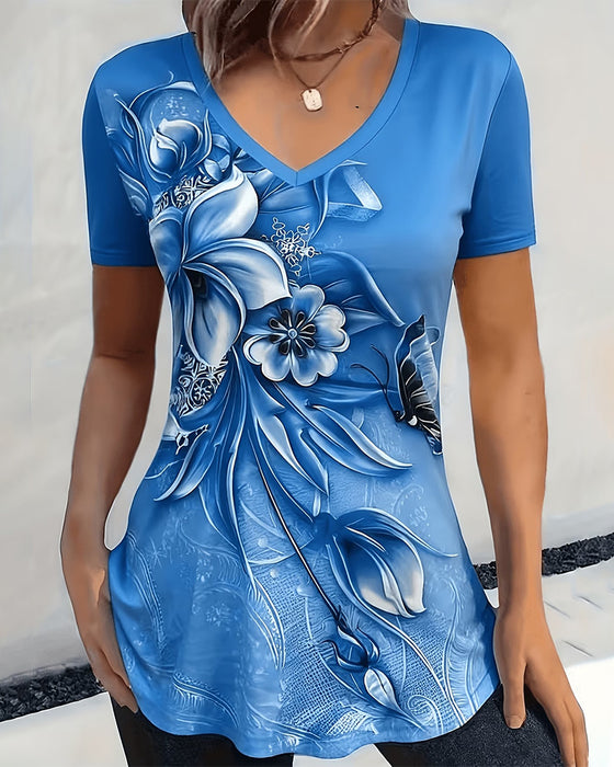 T-Shirt Blumen V-Ausschnitt Kurzarm
