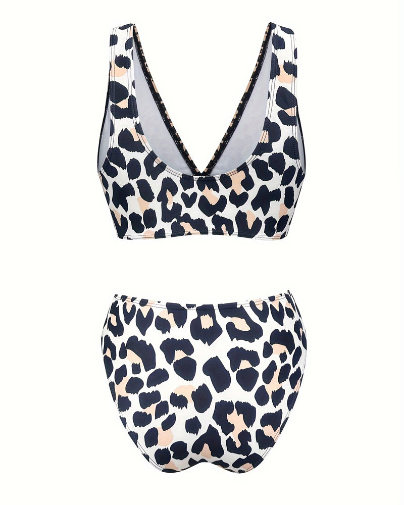 Bikini Tief V Leopardenmuster Kontrastfarbe Hohe Taille Geteilt