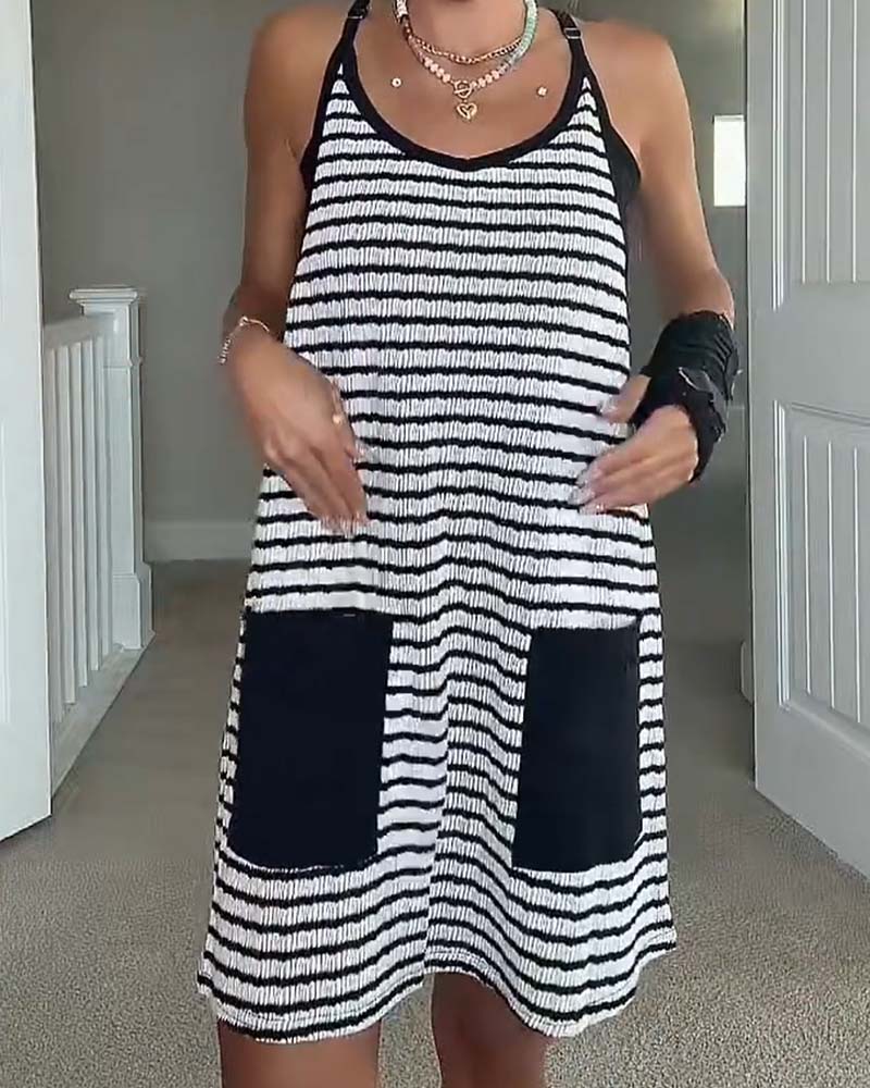 Kleid Träger U-Ausschnitt Tasche Farbblock