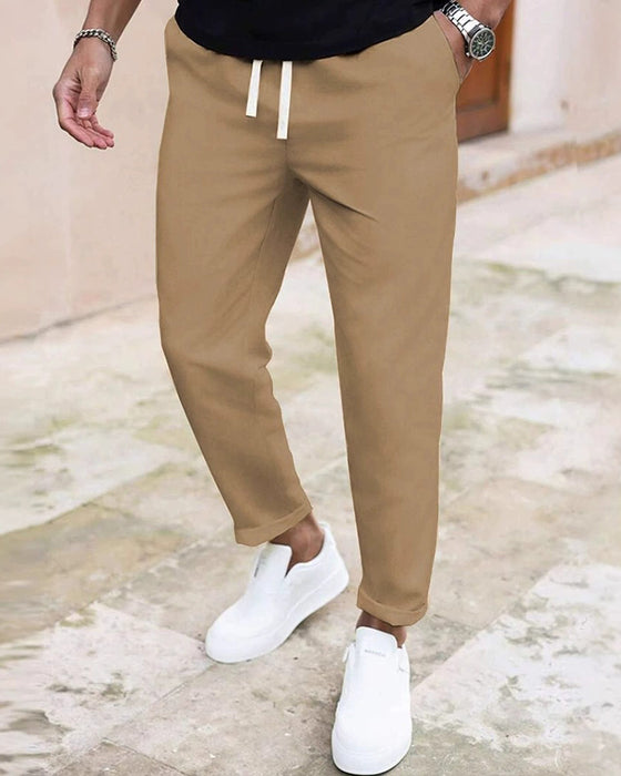 Herren Hose Einfarbig Kordelzug Slim Fit Cropped