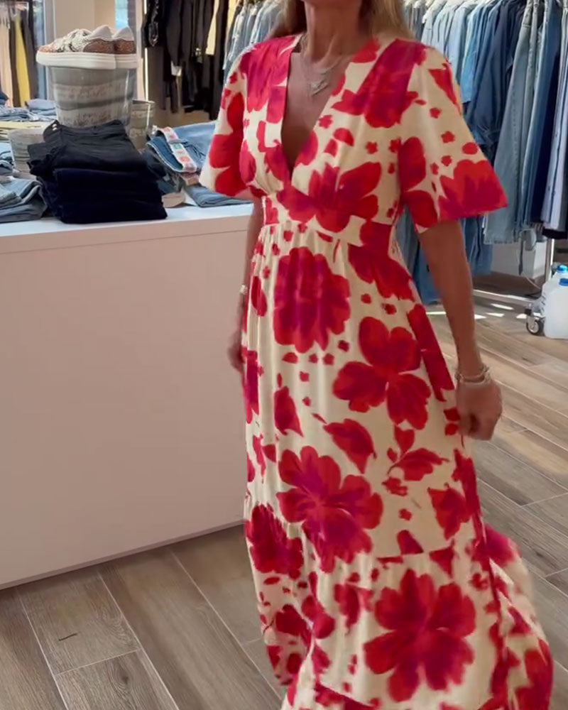 Kleid Tief V Resort Taille Gedruckt