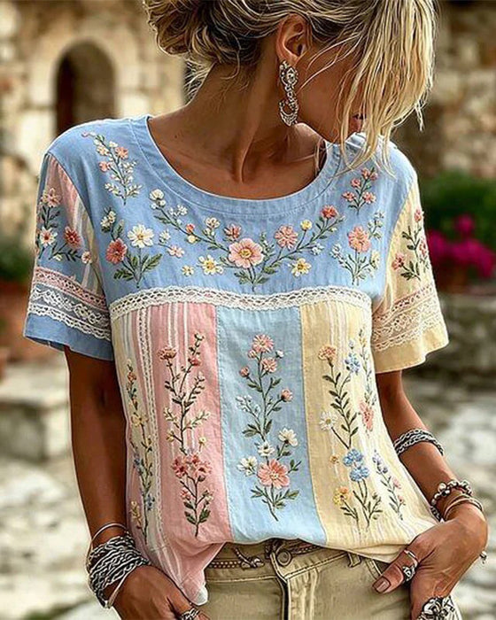 Bluse Rundhals Patchwork Blumen