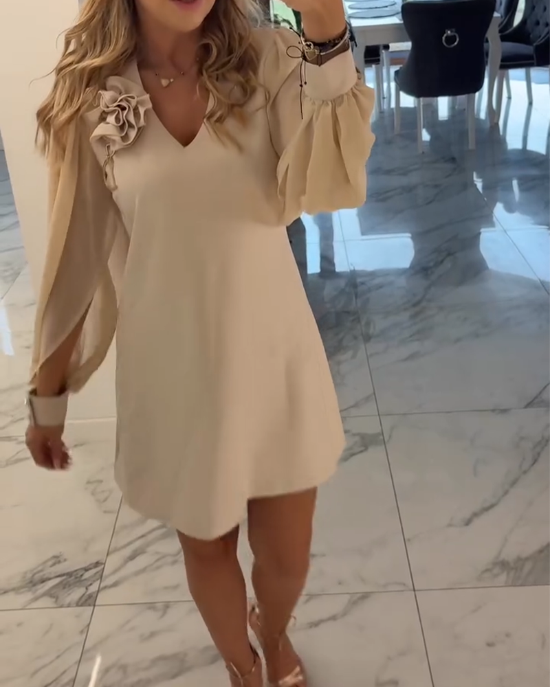 Kleid Dreidimensionale Blume V-Ausschnitt Kugelärmel