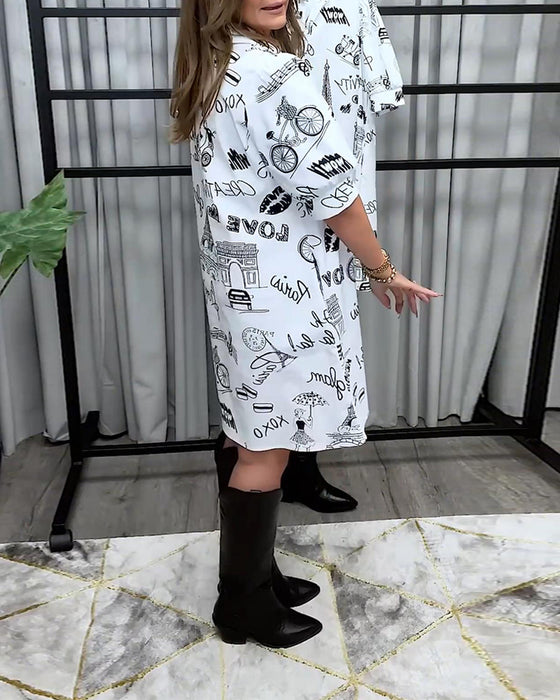 Kleid Laternenärmel Revers Druck