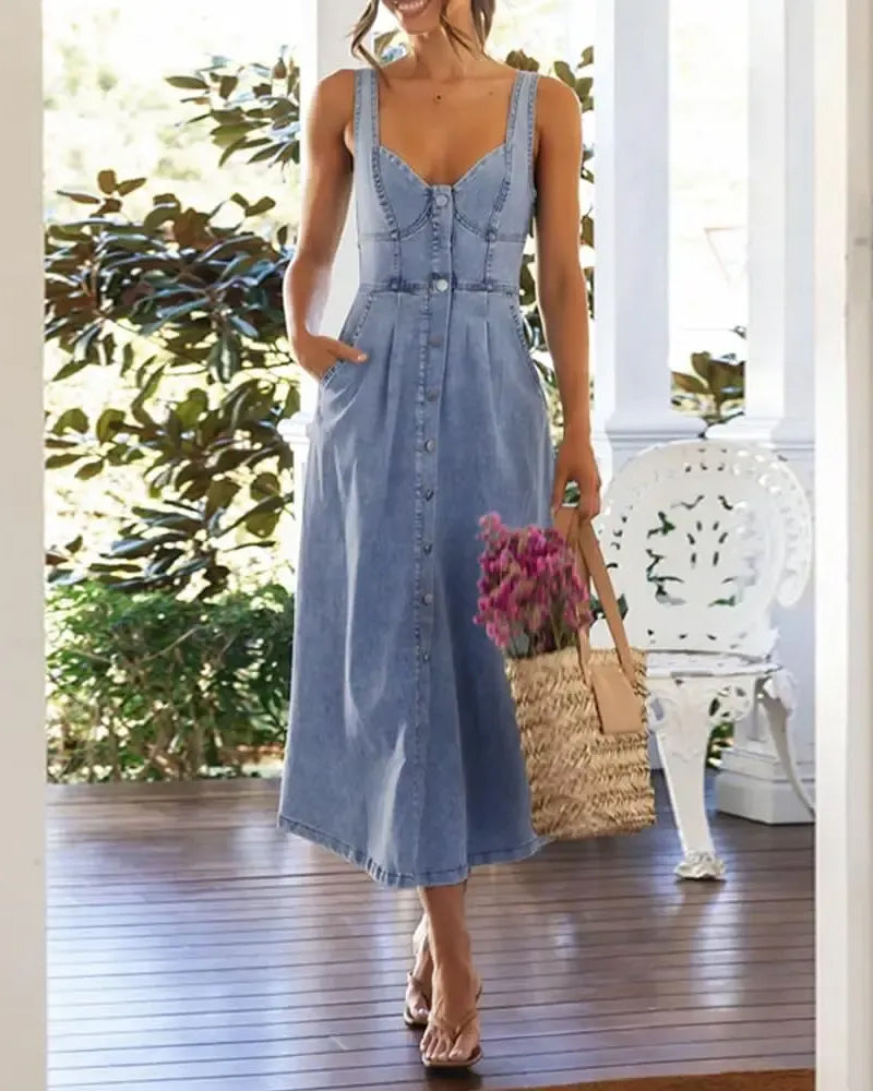 Kleid Spaghettiträger Knopf Taille Tailliert Denim