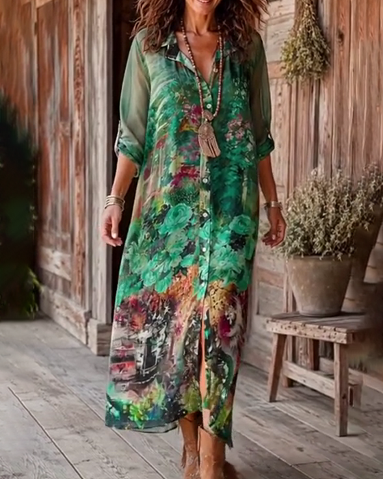 Kleid Hemdkragen Schlitz Blumen