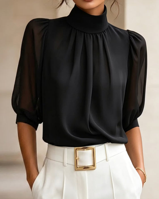 Bluse Hoher Kragen Puffärmel Ellenbogenlang Chiffon