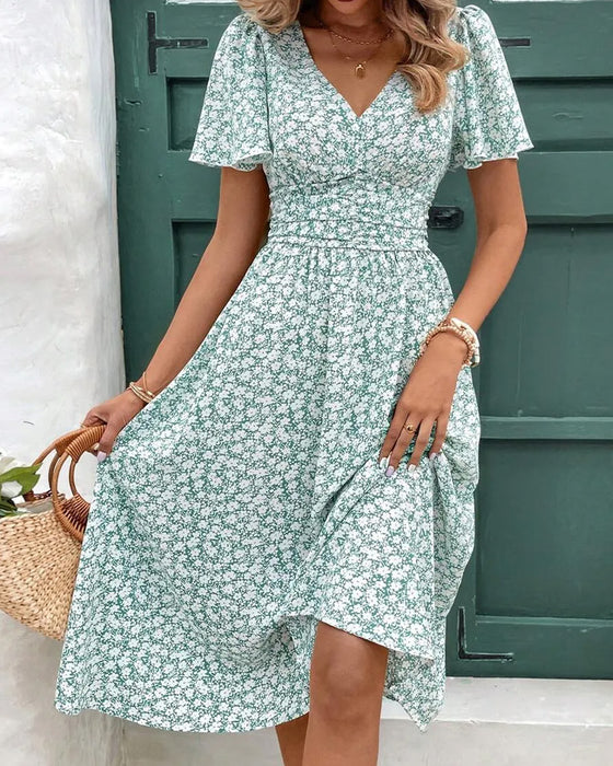 Kleid Blumen V-Ausschnitt Taille