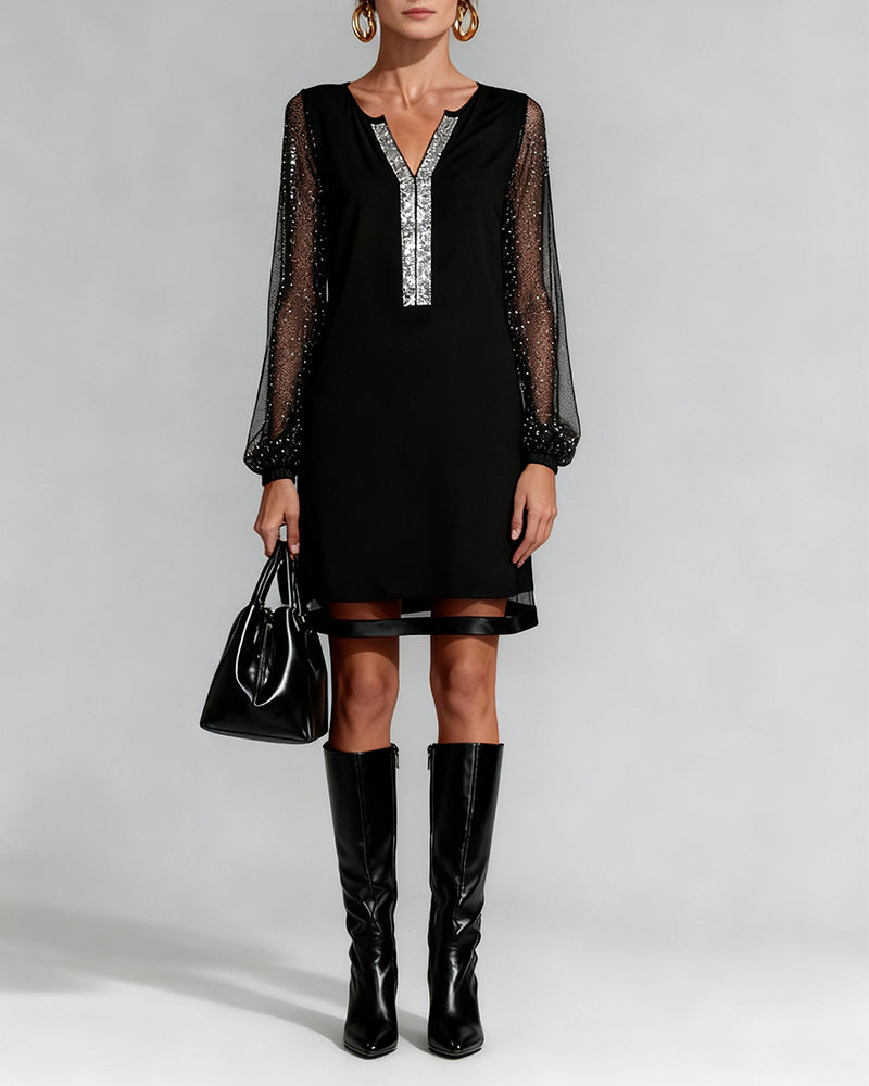 Kleid elegant V-Ausschnitt Strasssteine