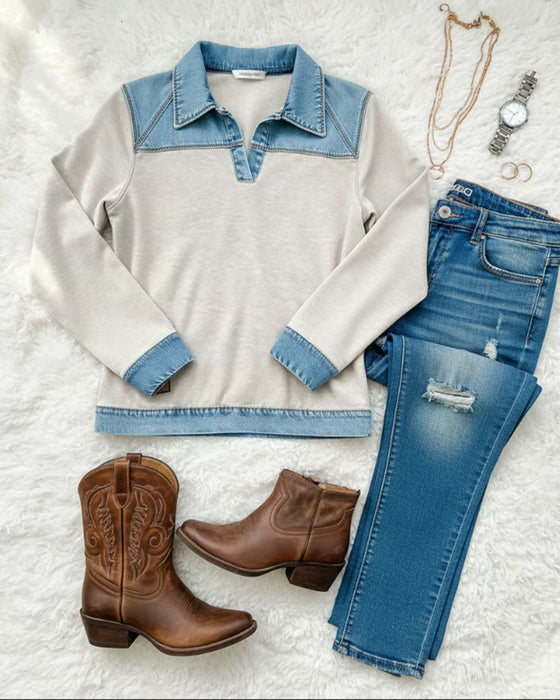 Sweatshirt Modisch Revers Colorblock Genaht