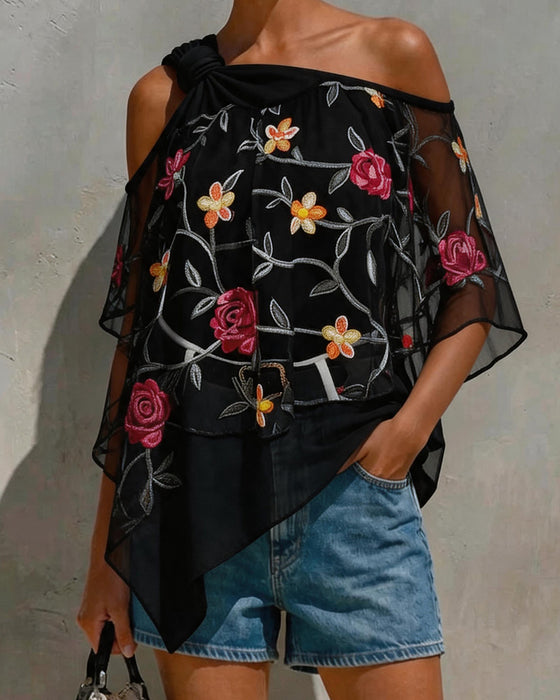 Bluse Mesh Rose Ein-Schulter Twist Knoten