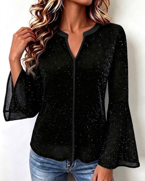 Top V-Ausschnitt Glockenärmel Slim Fit