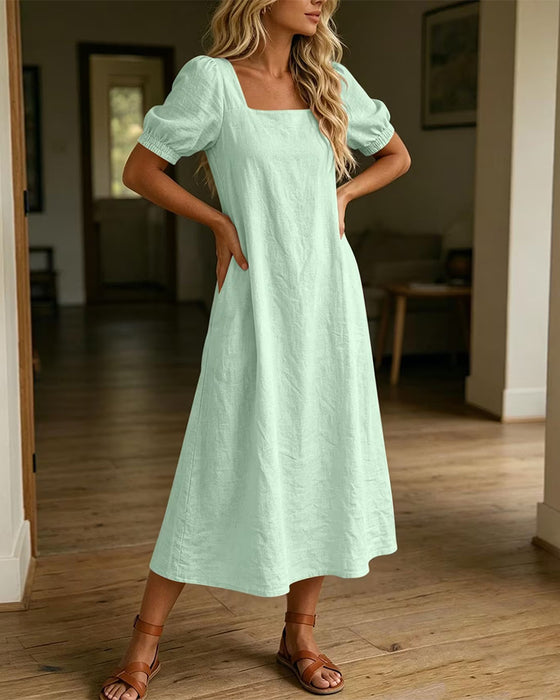 Kleid Quadratischer Ausschnitt Puffärmel Tasche
