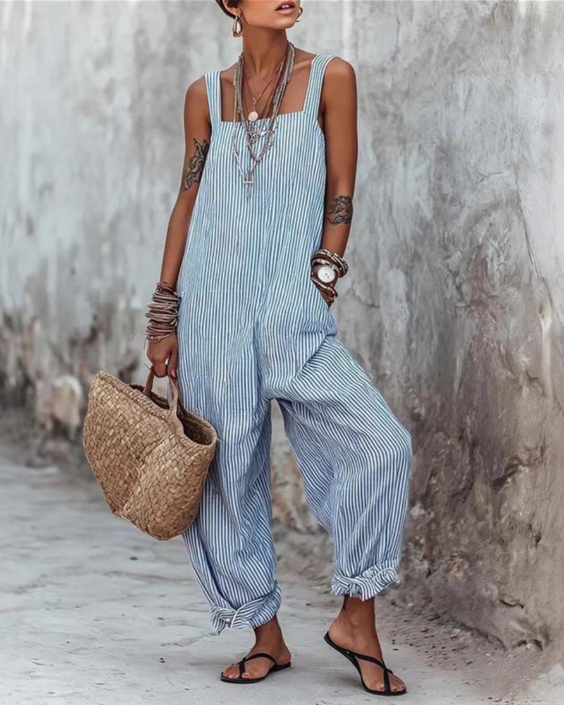 Jumpsuit Breiter Träger Gestreifte Overalls