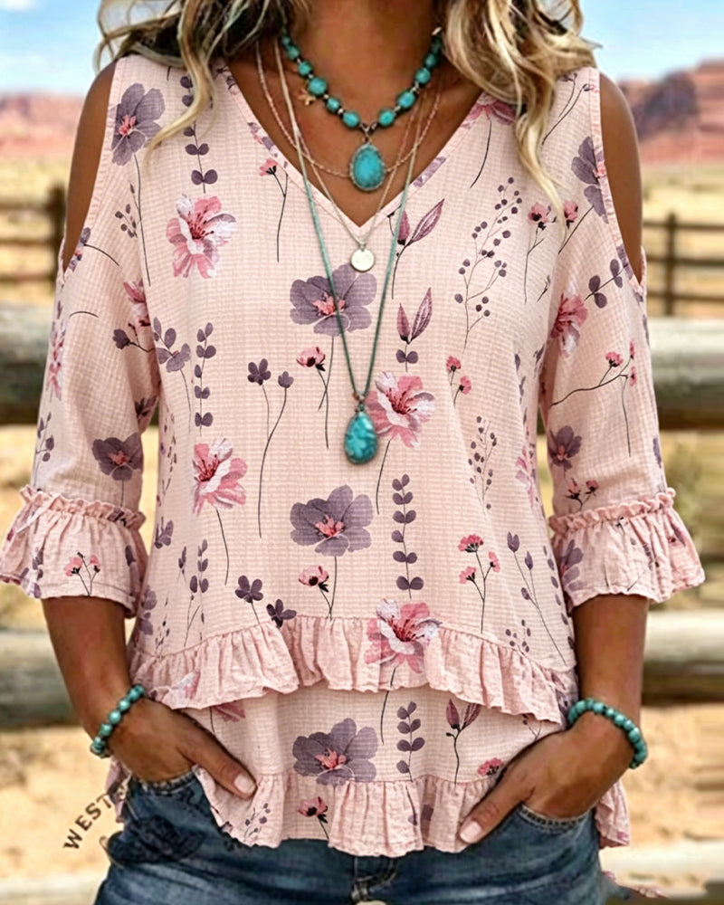 Bluse Blumenmuster Schulterfrei Rüschenärmel