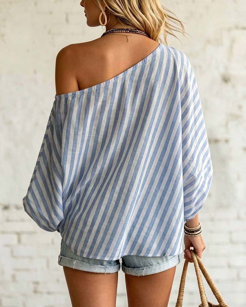Bluse Asymmetrischer Ausschnitt Streifen Puffärmel