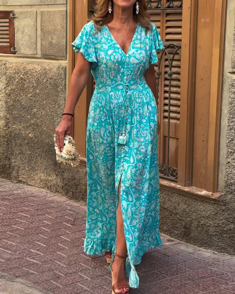 Kleid V-Ausschnitt Rüsche Schnürung