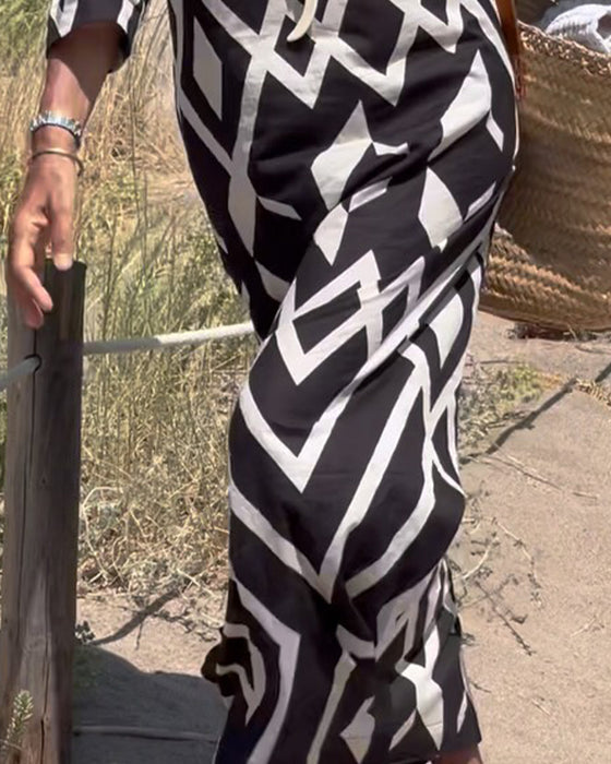 Kleid Diamantmuster V-Ausschnitt Mittelarm Langer Rock Groß