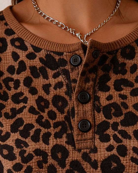 Top Henley-Ausschnitt Leopard Print Waffel