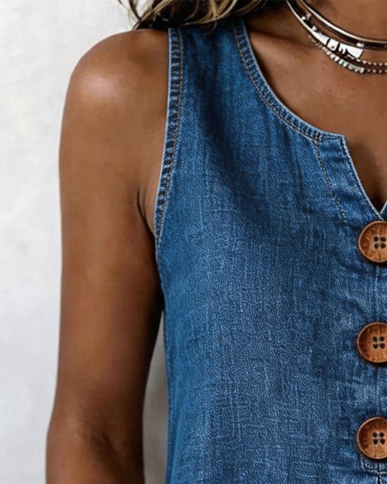 Bluse Denim Ärmellos Knopfleiste