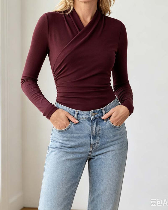 Top Kreuz V-Ausschnitt Plissierte Taille Langarm