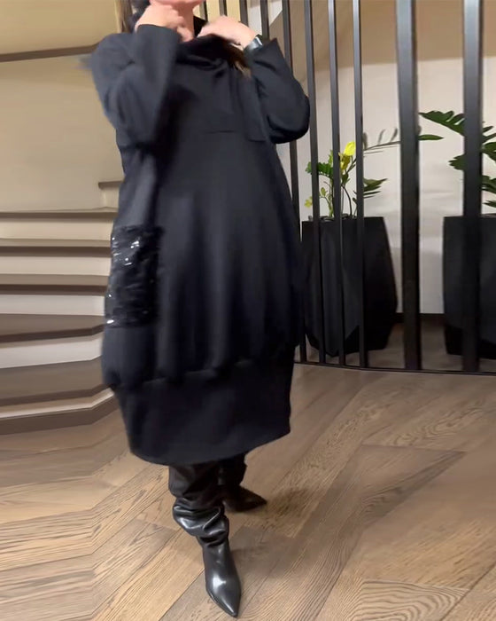 Sweatshirtkleid Hoher Kragen Plus Größe Glitzernd Tasche