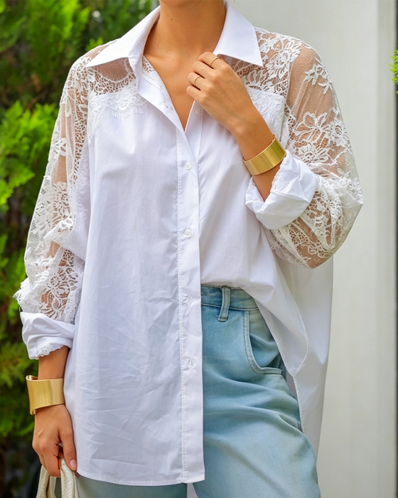 Bluse Spitze Patchwork Revers Langarm