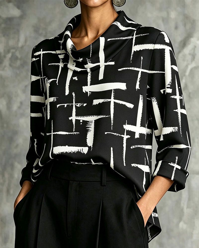 Bluse Mock Cowl Neck Kreuz Muster