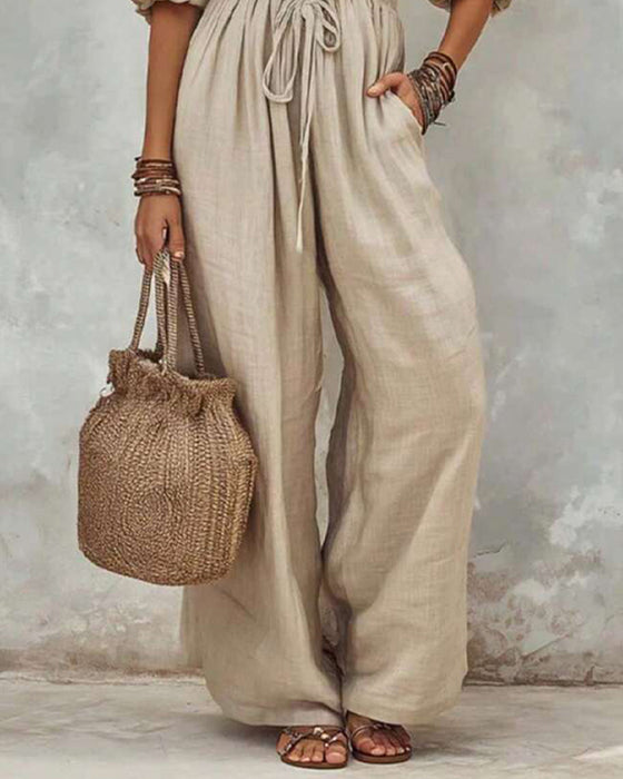 Overall V-Ausschnitt Knopf Elastische Taille Puffärmel