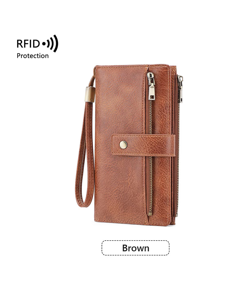 Damen-Langbörse, stilvolle Clutch, elegante einfarbige Lederbörse mit RFID-Schutz👛