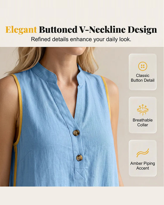 Kleid Stehkragen Knopf Patchwork Ärmellos