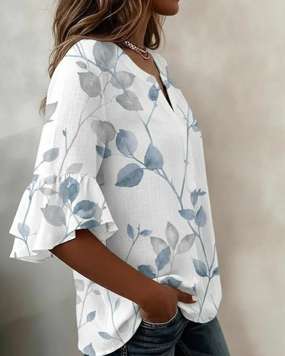 Bluse Flatter Schlagärmel Blatt Print