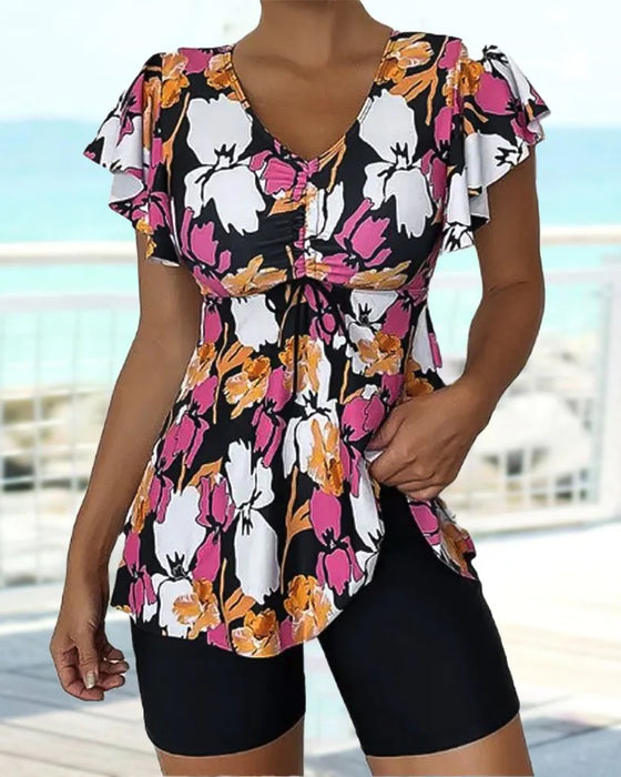 Tankini mit bedruckten und gerüschten Ärmeln