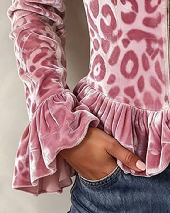 Mantel Rüschen Leopardenprint Puffärmel Samt