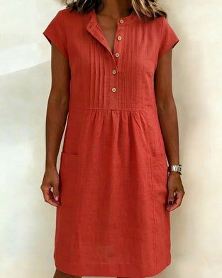 Kleid Baumwolle Und Leinen Stehkragen Kurzarm