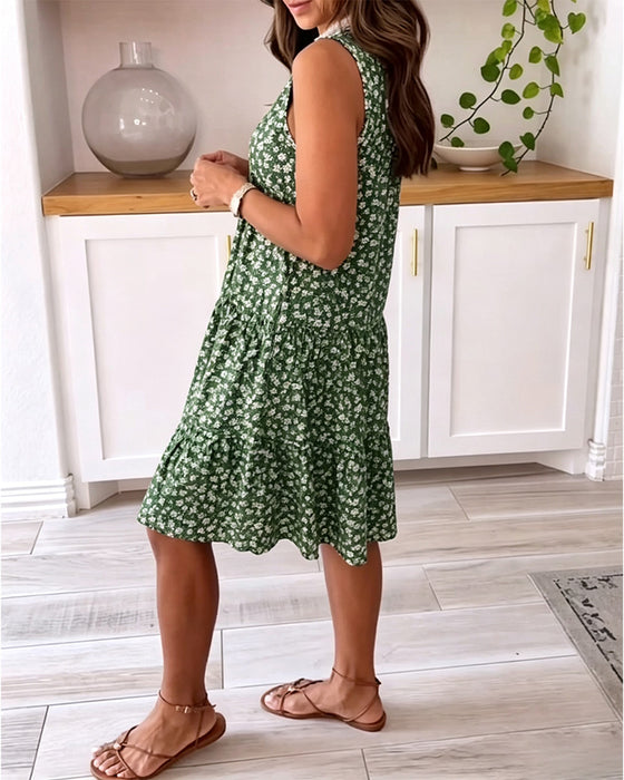 Kleid V-Ausschnitt Ärmellos Blumen A-Linie