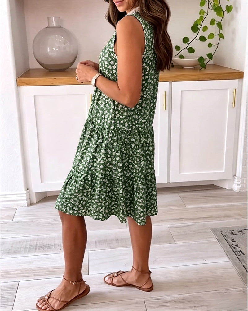 Kleid V-Ausschnitt Ärmellos Blumen A-Linie